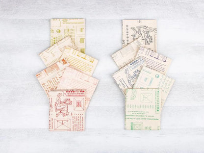 Set of vintage-style fabrics with printed designs 