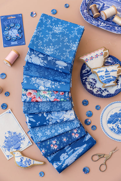 Set of blue floral fat quarter fabric pieces, assorted small bouquet prints