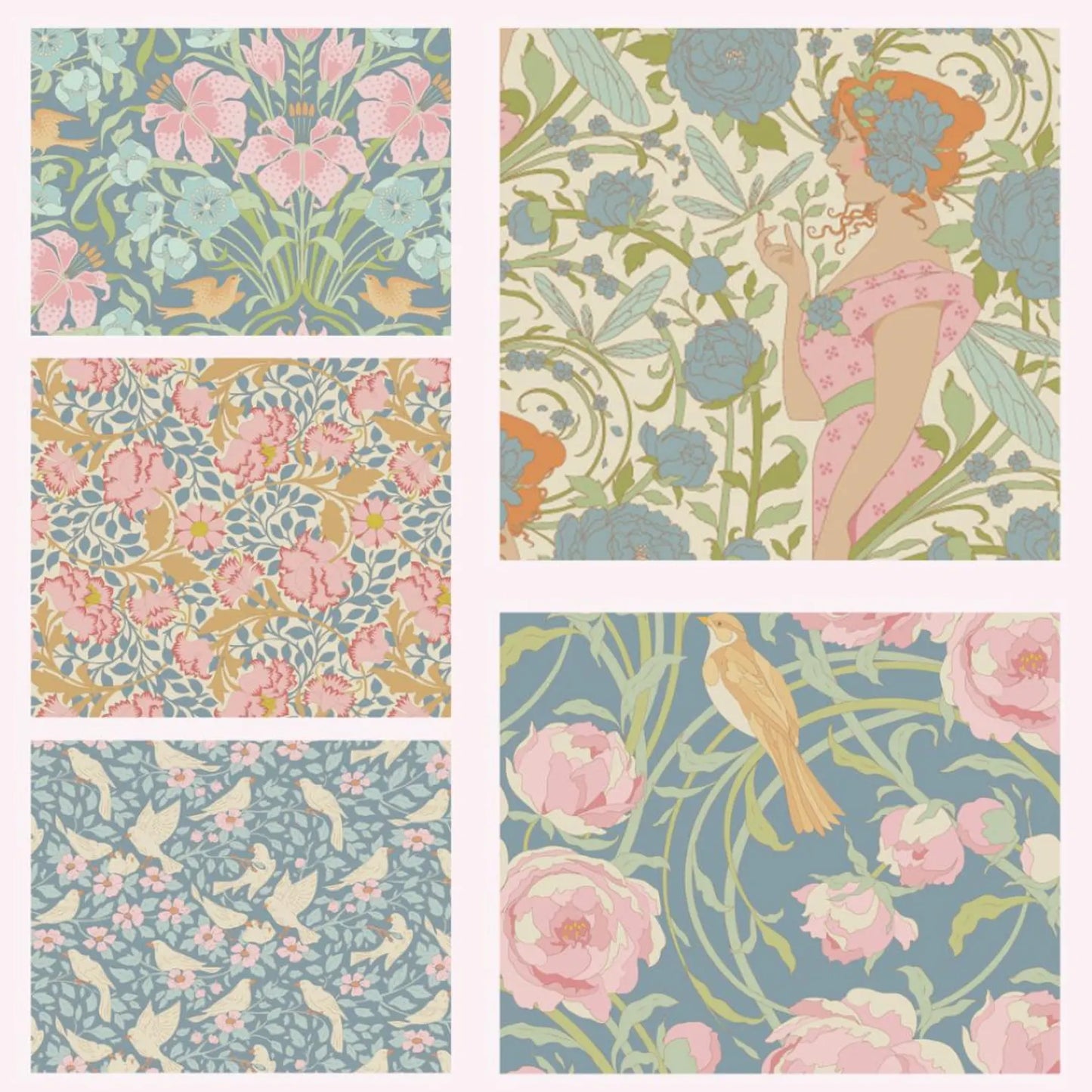 Six-piece blue floral fat quarter set with bird and botanical themed prints