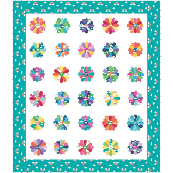 Quilt kit panel with teal border and white center of colorful flower blocks