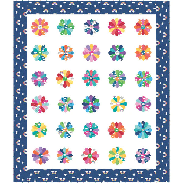 Cobalt quilt top with multicolor Dresden flower blocks and patterned border