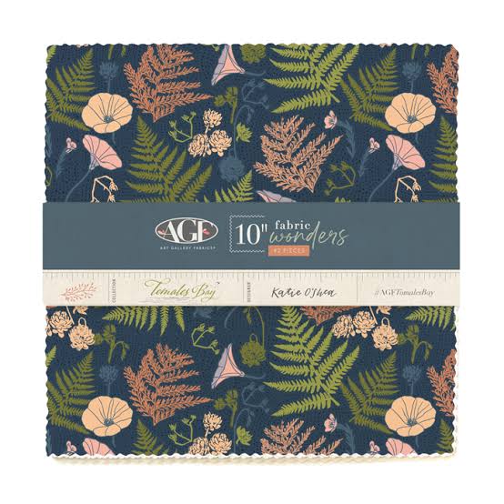 10-inch cotton fabric bundle pack with navy botanical and coral shell prints.