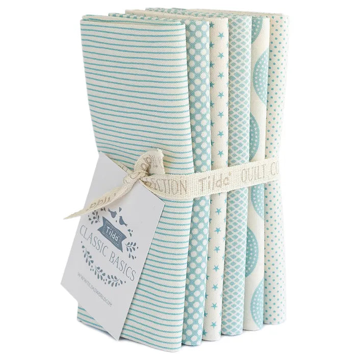 Tilda Basics classic 6pc fat quarter bundle in aqua tones, stripes and star prints
