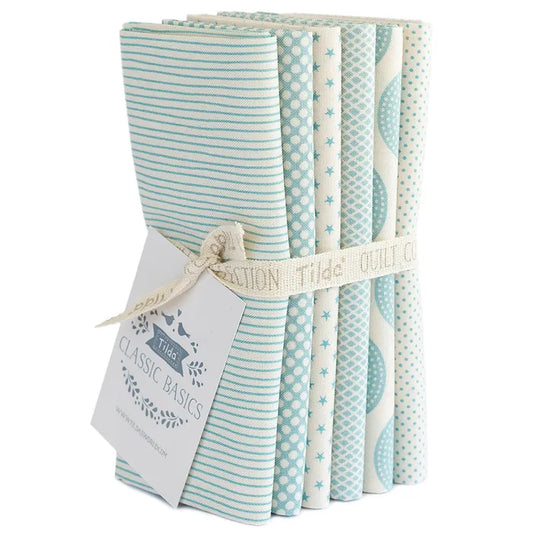 Tilda Basics classic 6pc fat quarter bundle in aqua tones, stripes and star prints