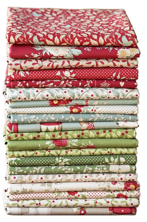 Christmas fabric fat quarter bundle, stacked red, green, and cream prints