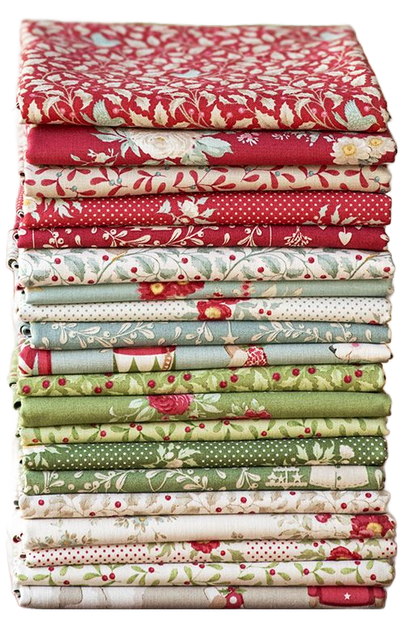 Christmas fabric fat quarter bundle, stacked red, green, and cream prints