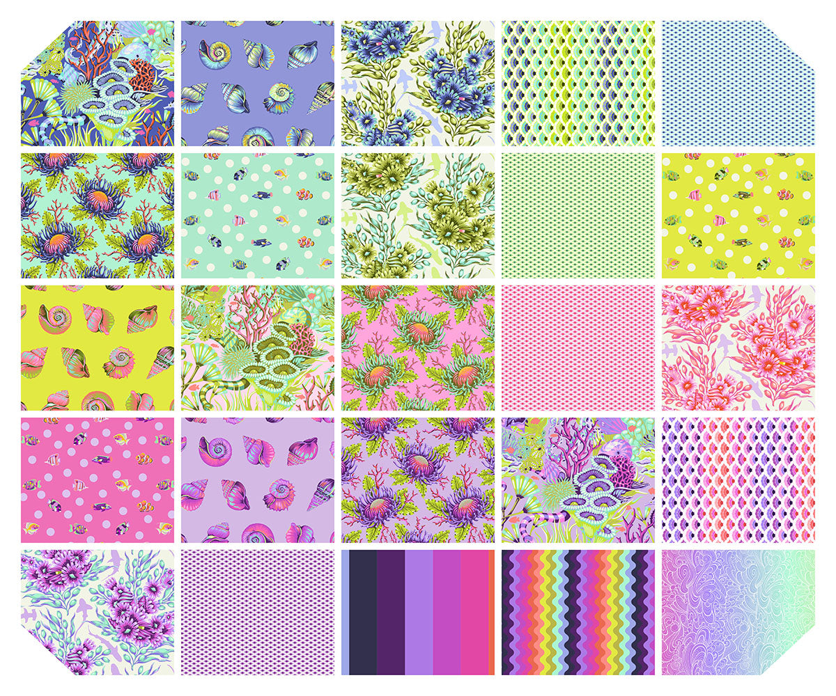 Collection of colorful fabric swatches with fish, shells, florals, by Tula Pink