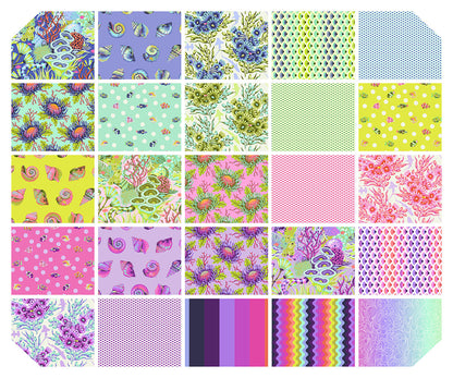 Collection of colorful fabric swatches with fish, shells, florals, by Tula Pink
