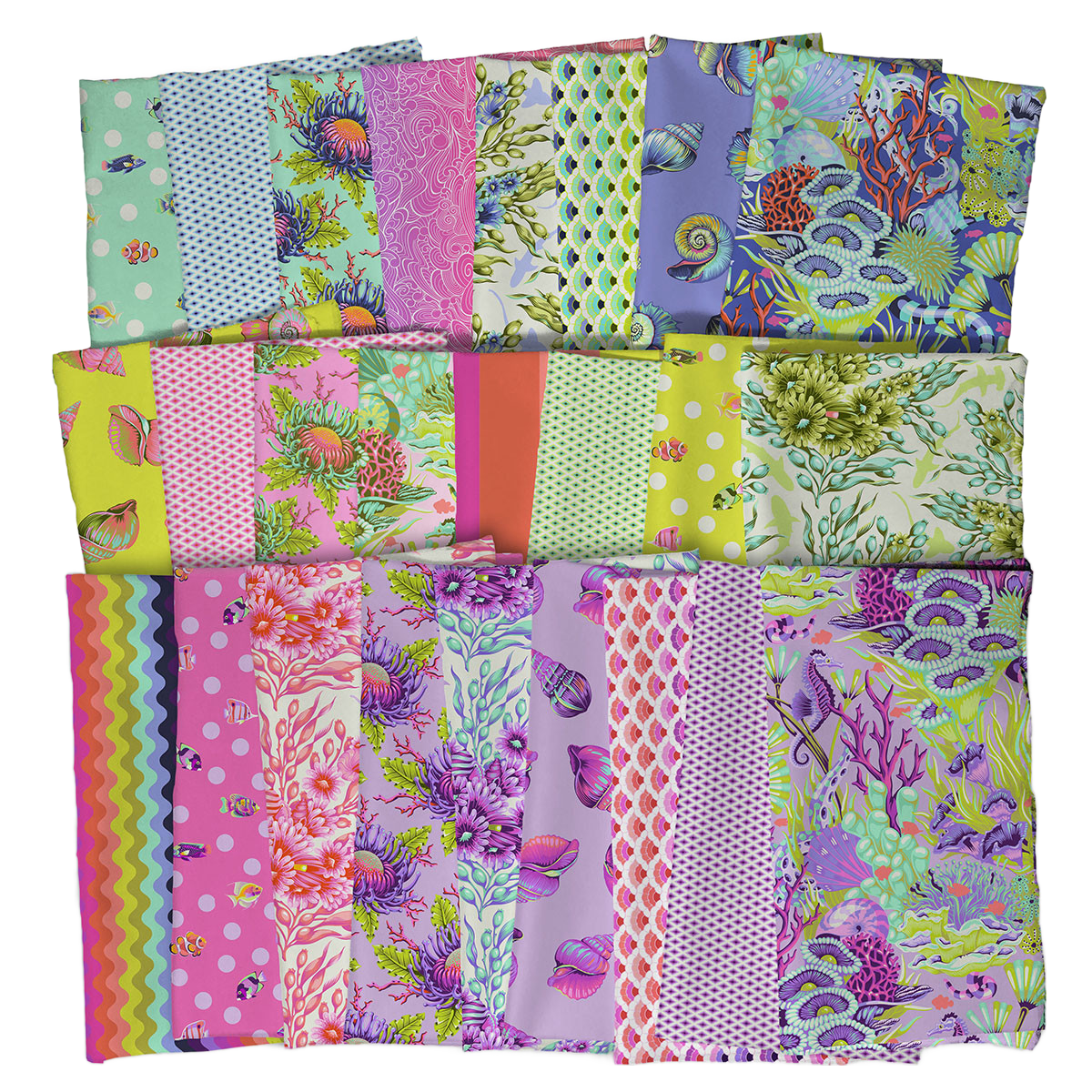 Collection of colorful fabric swatches with fish, shells, florals, in bright modern colours