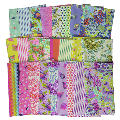 Collection of colorful fabric swatches with fish, shells, florals, in bright modern colours