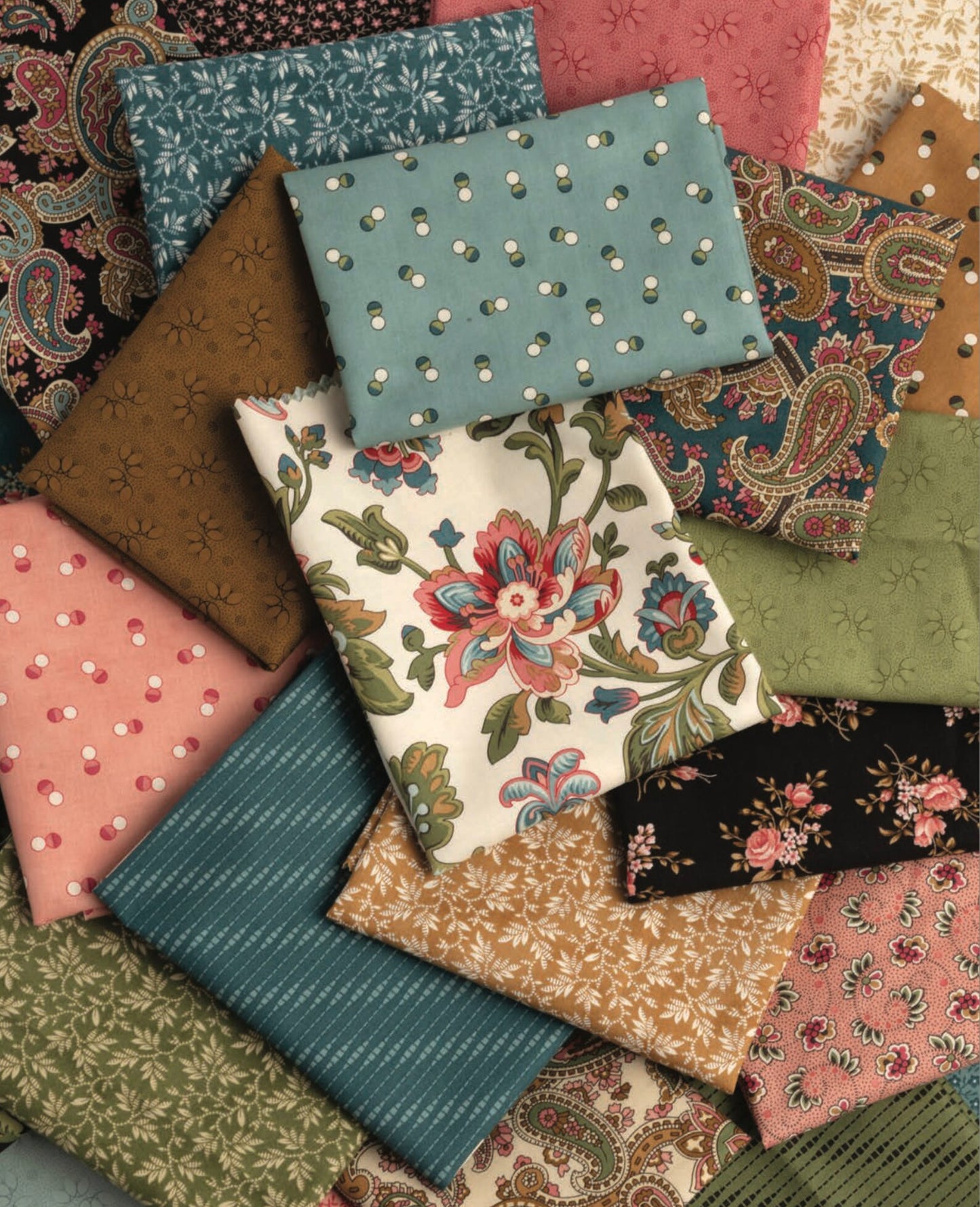 Collection of various patterned fabric swatches in different colors.