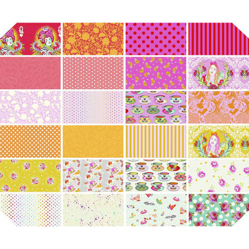 Tula Pink Curiouser Wonder Fat Quarter Bundle with bold fantasy prints, florals, characters and novelty quilting fabrics designed for patchwork and sewing projects.