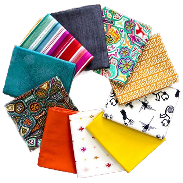 Fabric fat quarter bundle with colorful geometric and stripe prints, folded squares