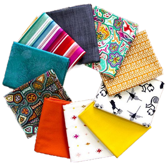 Fabric fat quarter bundle with colorful geometric and stripe prints, folded squares
