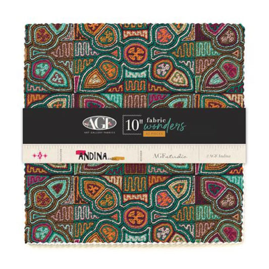 Art Gallery Fabrics 10 inch quilting squares featuring vibrant Andean-inspired prints