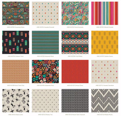 Andina fat quarter bundle with assorted multicolor prints, stripes, florals, chevrons
