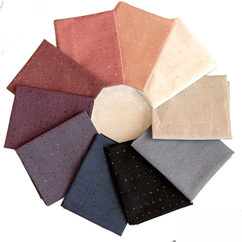 Cotton fat quarter bundle with maroon, tan, rust, navy, and gray speckled squares