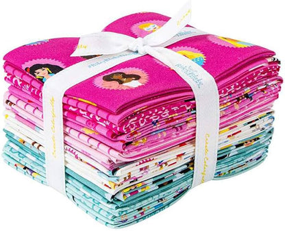 Cotton fat quarter bundle with pink and teal cartoon prints, folded squares tied with ribbon