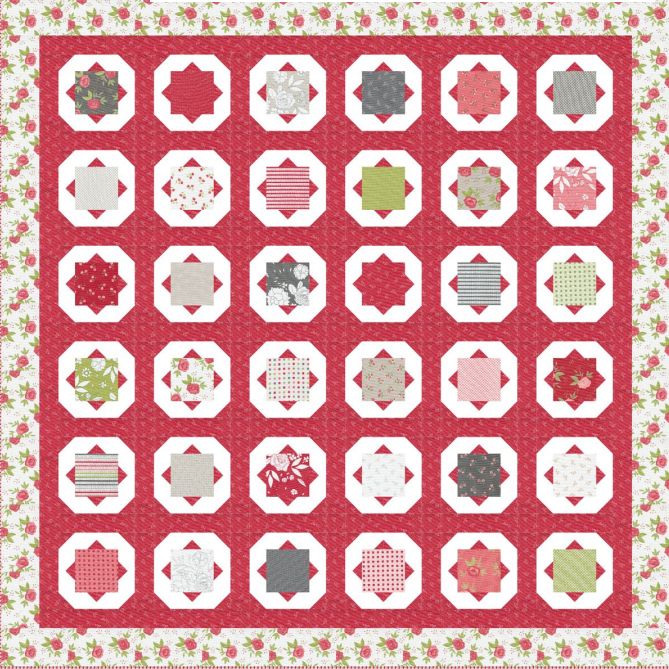 Quilt PDF pattern: red charm-square blocks with multicolor patchwork