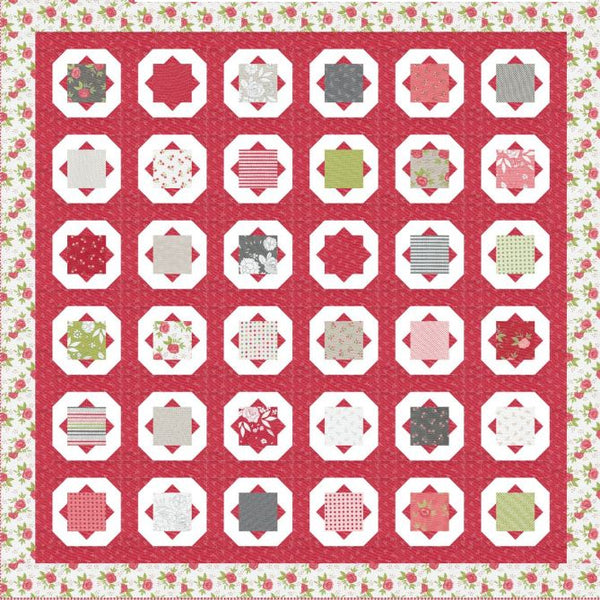 Quilt PDF pattern: red charm-square blocks with multicolor patchwork