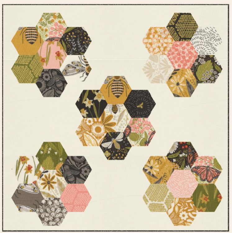 Mini charm quilt block PDF pattern with hexagon blocks in garden and bee prints