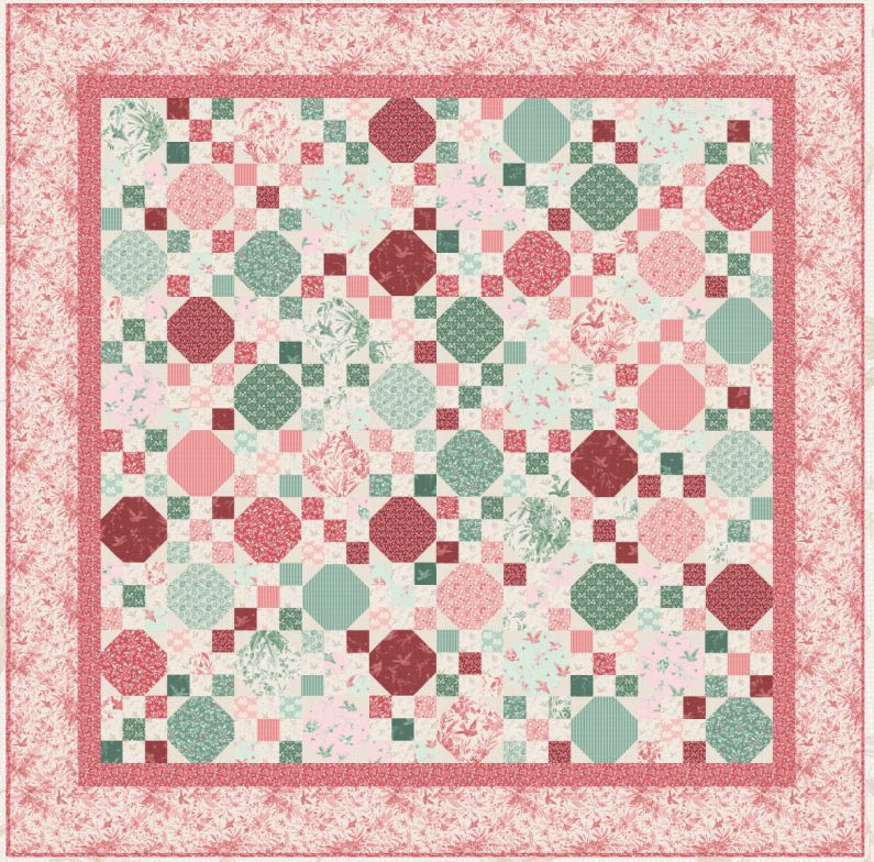 Patchwork quilt pattern with pink, red, and green geometric blocks in a bordered layout
