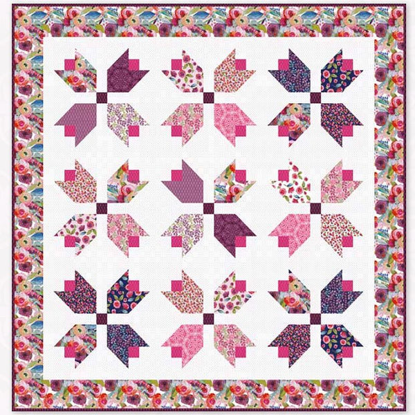 Floral pinwheel quilt block design with checker accents on white fabric, quilt pattern layout