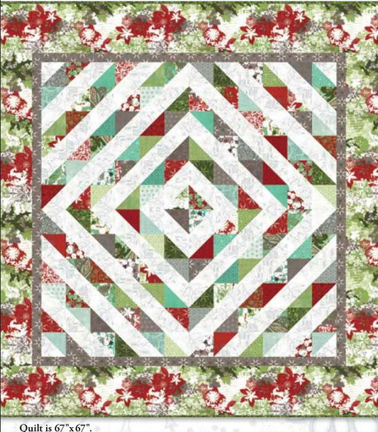 Square quilt top layout with white chevrons, gray border, and red-green fabric blocks