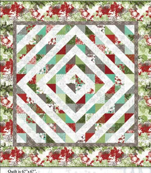 Square quilt top layout with white chevrons, gray border, and red-green fabric blocks