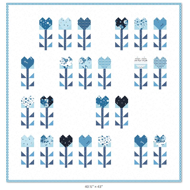 Blue blossom quilt block pattern diagram with multiple fabric designs in rows