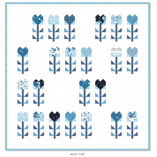 Blue blossom quilt block pattern diagram with multiple fabric designs in rows