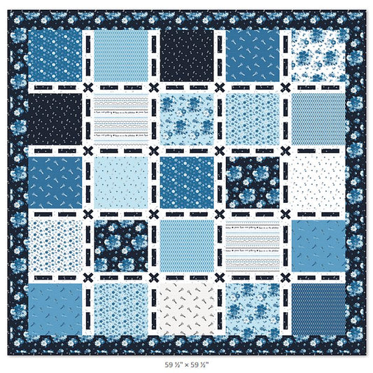 Blue layer cake quilt pattern layout diagram with pieced blocks for PDF
