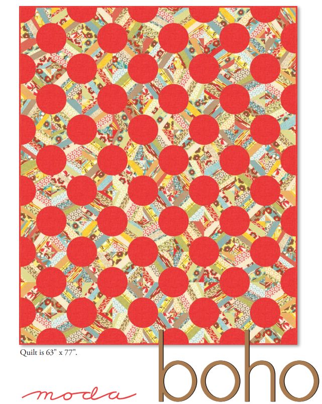 Boho quilt PDF pattern with red circle blocks on cream fabric