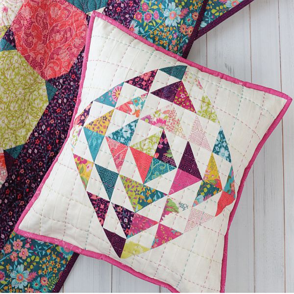Quilted boho pillow cover, multicolor triangle patchwork, pink piping border