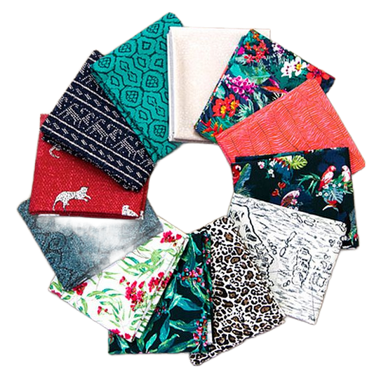Fat quarter fabric bundle with mixed tropical florals, animal prints, and geometric patterns
