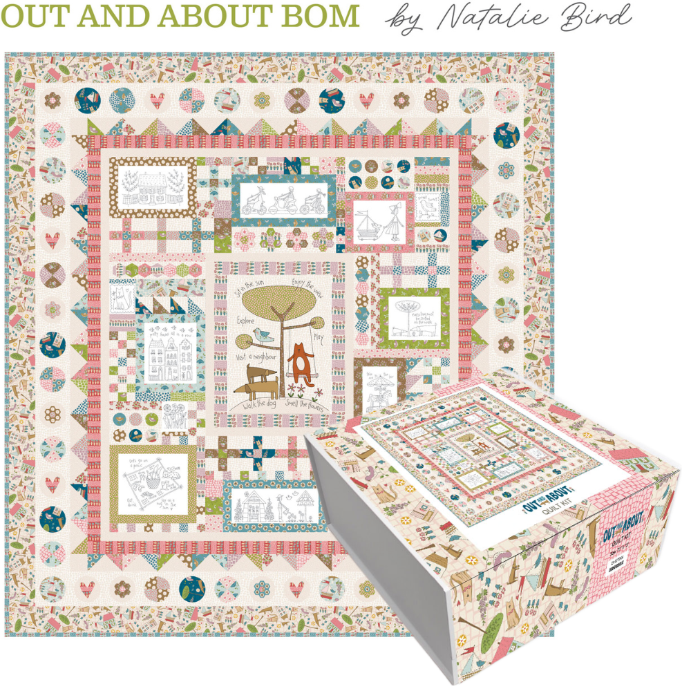 Boxed quilt kit with pastel patchwork blocks and woodland bird panel