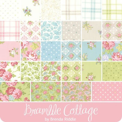 Collection of floral and plaid fabric squares with 'Bramble Cottage' branding.