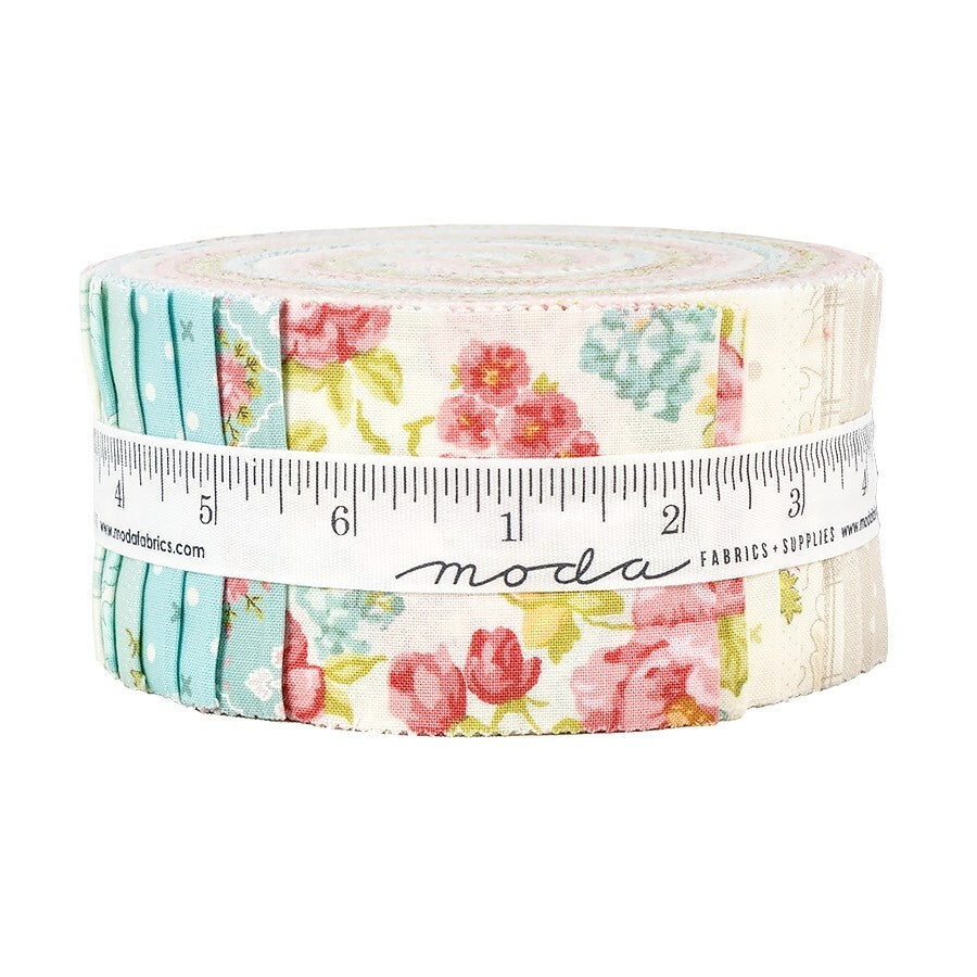 Bramble Cottage Jelly Roll by Moda Fabrics with delicate florals, vintage-inspired prints and pastel patchwork fabrics perfect for quilting and sewing.