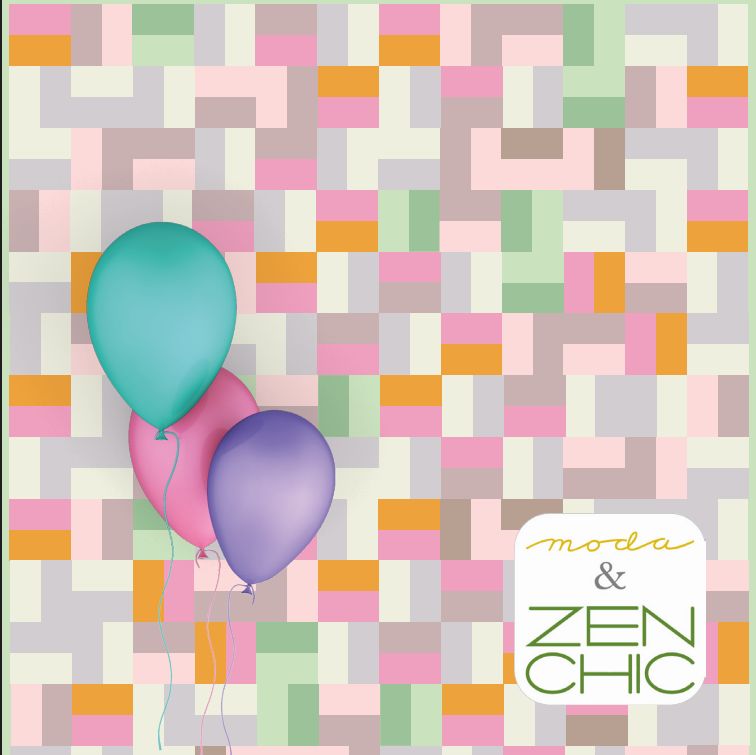 Jelly roll friendly quilt pattern with colorful patchwork blocks and Moda & Zen Chic logo