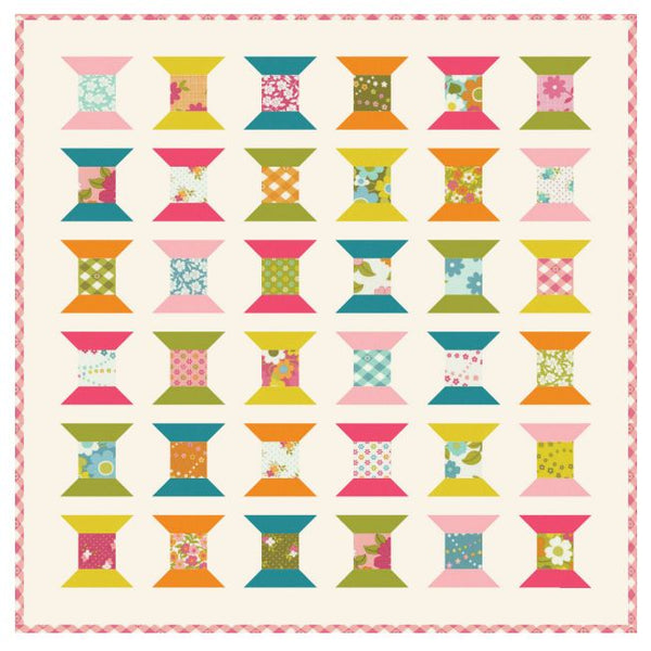 Quilt mini charm square PDF pattern with colorful candy spool quilt blocks