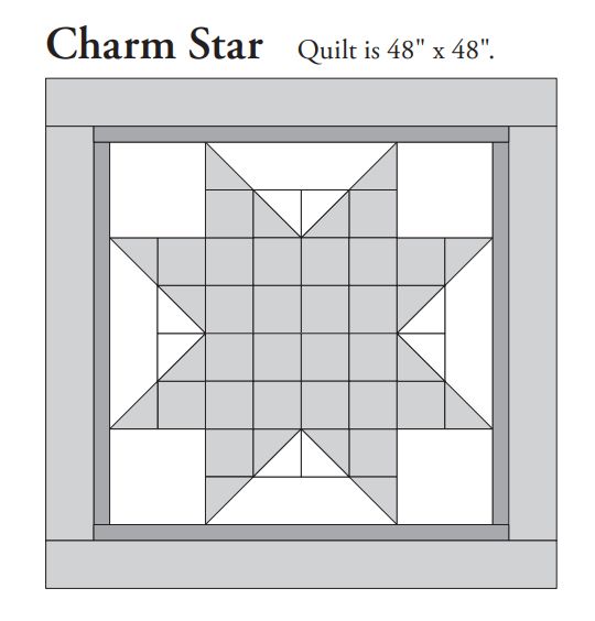 Charm Star quilt pattern PDF showing 48x48 square quilt with gray star patchwork layout