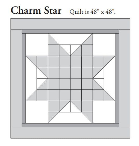 Charm Star quilt pattern PDF showing 48x48 square quilt with gray star patchwork layout