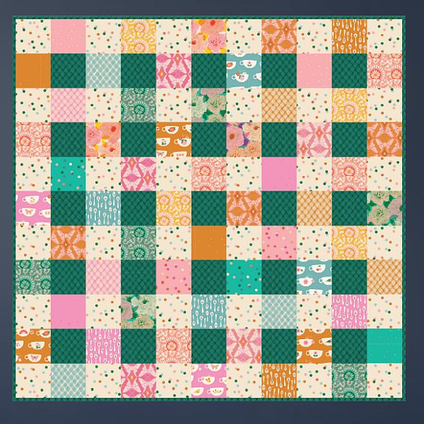 Quilt pattern with multicolor patchwork square blocks and mixed prints