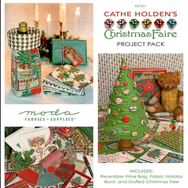 ChristmasFaire project pack with holiday fabric pieces and pattern for reversible wine bag
