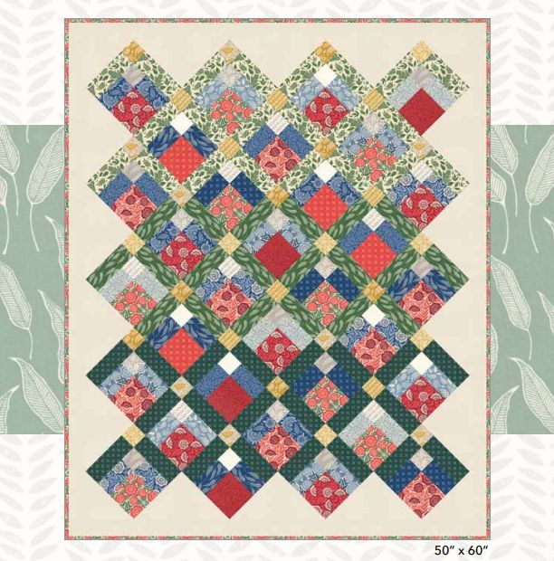 Patchwork quilt top with colorful diamond squares; red, blue, green with 50 x 60 in