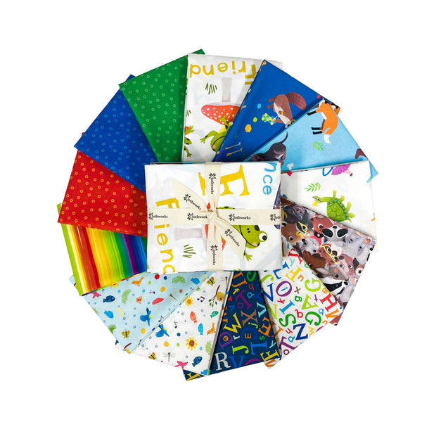 Fabric fat quarter and panel bundle with multicolor animal prints, assorted squares