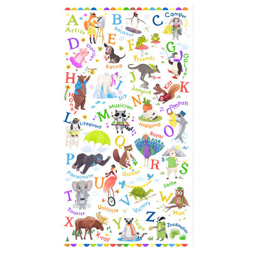 Clothworks Animal Kingdom I spy fabric panel featuring animals and alphabet