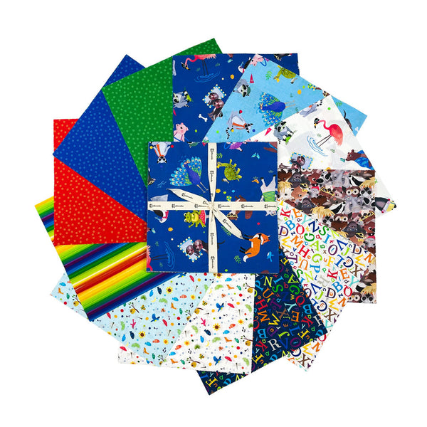 Animal-themed 10-inch fabric layer cake squares stacked in multicolor animal prints