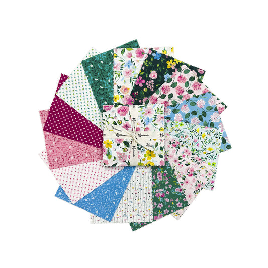 Assorted floral patchwork fabric squares, 5-inch, colorful prints and dots