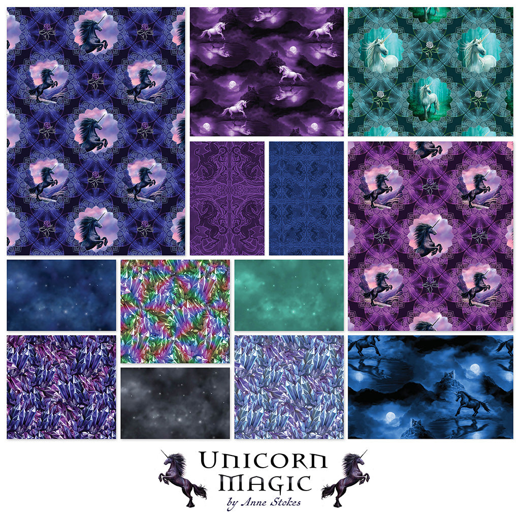 Collage of unicorn-themed fabric patterns with 'Unicorn Magic' branding.